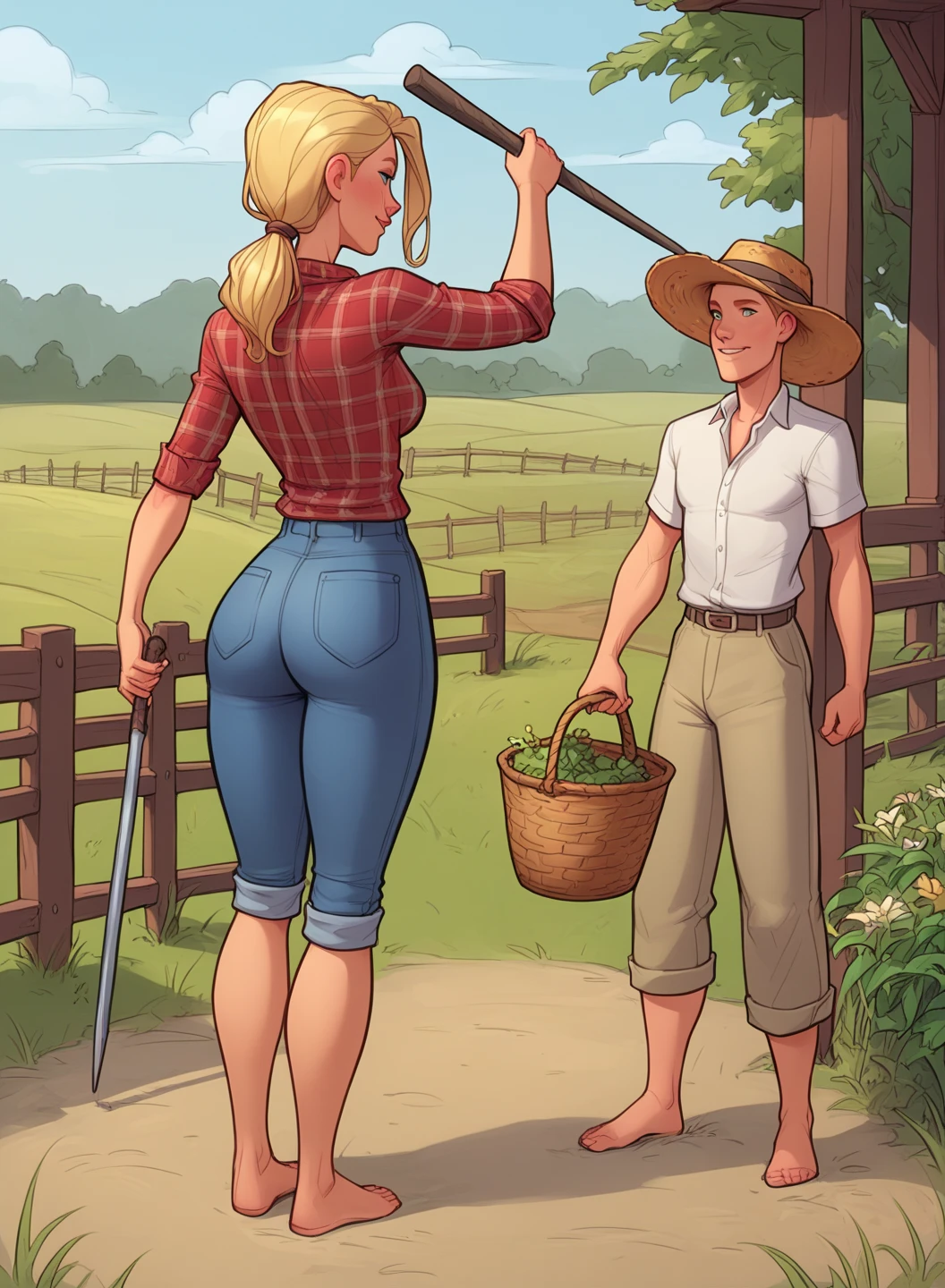 Jabstyle, a blonde naked woman with sun-kissed skin, , standing in a peaceful farm setting. Her hair is tied back in a loose ponytail, and she wears a wide-brimmed straw hat to shield herself from the sun. She’s surrounded by lush green fields and a barn in the background, with a few farm animals grazing nearby. Her expression is calm and hardworking, and in her hands, she holds a pitchfork or a basket filled with freshly picked crops. The scene captures the essence of rural life, showcasing her connection to the land and the simple joys of farming,