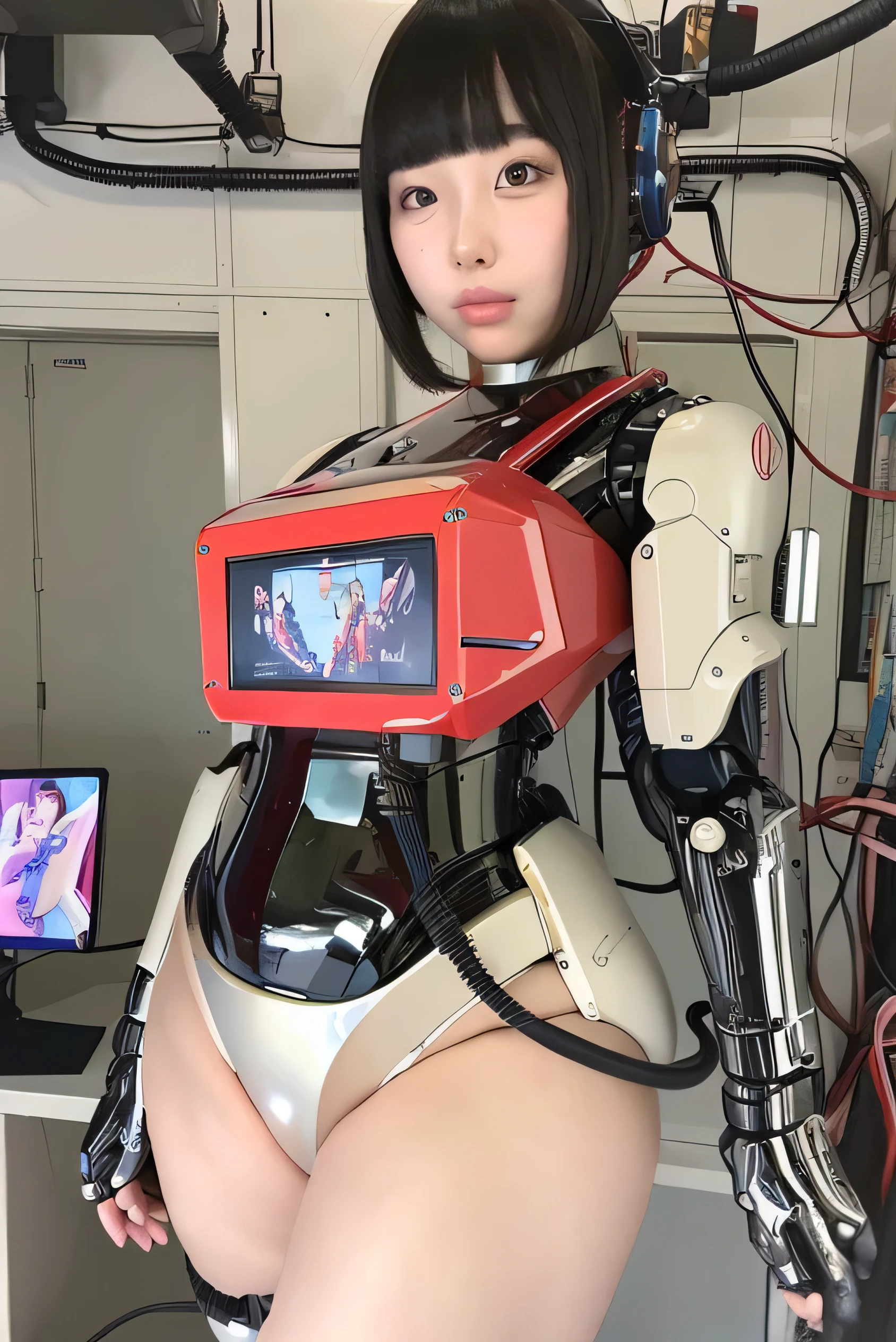masterpiece, best quality, extremely detailed,portrait,front view,Japaese android girl,Plump,promotion model, control panels,android,Droid,Mechanical Hand, Robot arms and legs,Blunt bangs,long tube,thick cable connected her neck