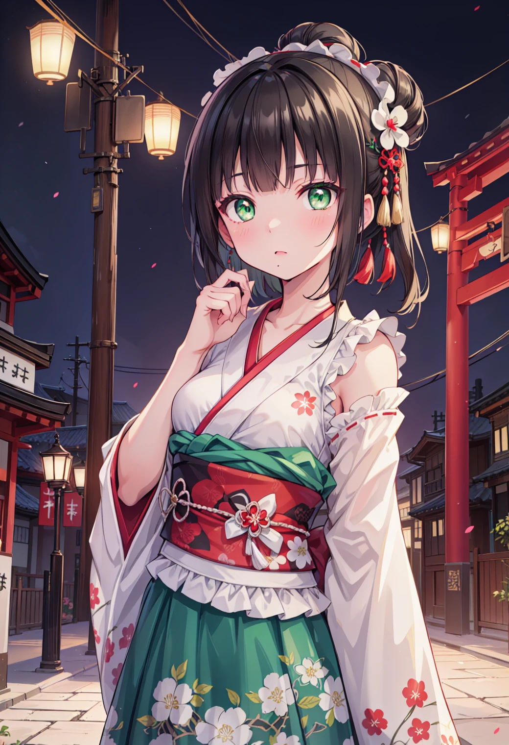 Dear Kurosawa, Kurosawa Diamond,  black hair, (Green Eyes:1.5),  Short Bang ,  gray skirt in the middle of the city,  hair ornament,  hair clips, mole, mole under mouth, ( small breasts:1.2), break collarbone, Floral background, Floral print, Ruffle sleeves, frills, Hair Bun,  hair ornament,  hair stick, Hair Tube,  Headpiece, Japanese clothing, kimono, My Dance Tonight, heart, sash, sidelocks, single Hair Bun, break looking at viewer, break city, break (  Masterpiece :1.2),  best quality,  high definition ,  Unity 8K Wallpaper, (Illustration:0.8), ( beautiful detailed eyes :1.6),  Highly Detailed Face ,  perfect lighting,  Highly Detailed CG, (  perfect hand,  perfect anatomy  ),