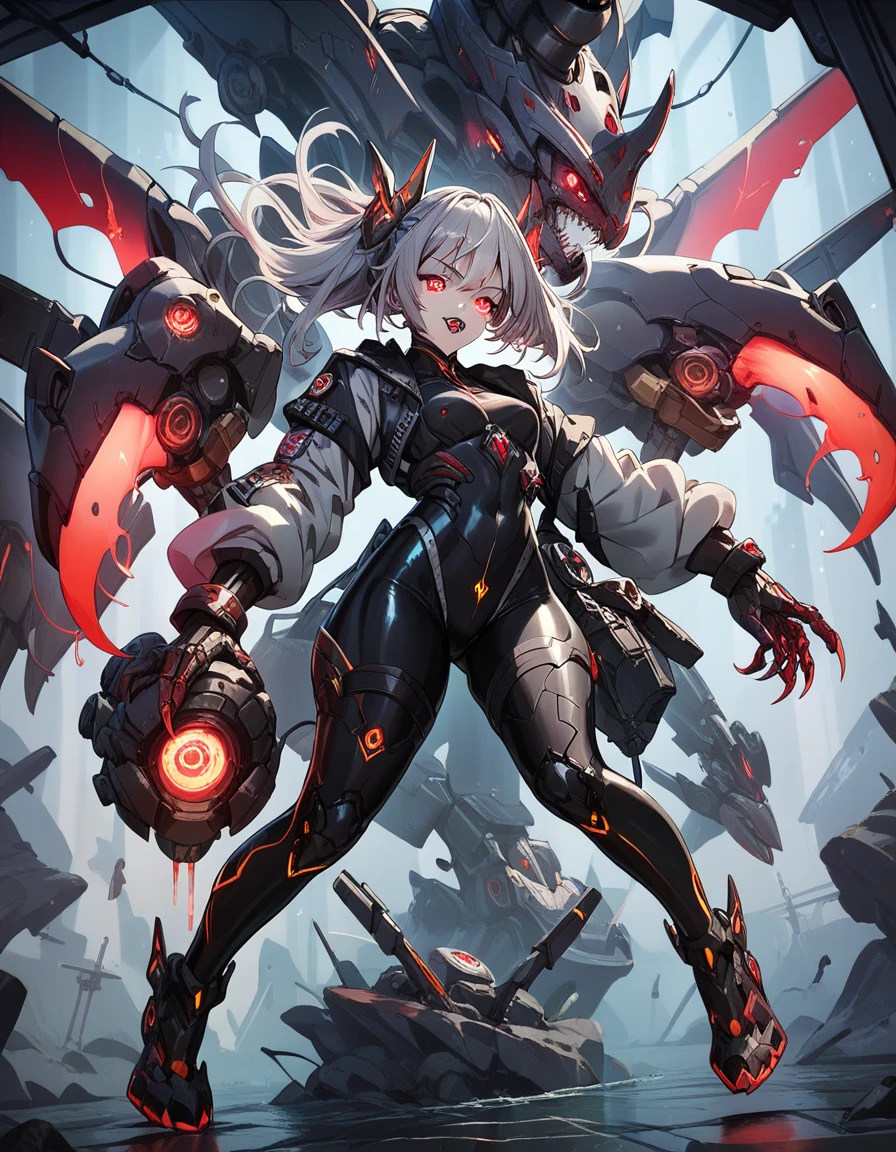 Mechanical Weapon Girl. Full body bodysuit. Latex. Cyber wind. Light armor. Grey hair. Glowing red eyes. Glowing core. A mechanical Kaijyu in the background. large sharp claws; Mechanical Fang. Red and black machine. Battleship. Queen's pose.