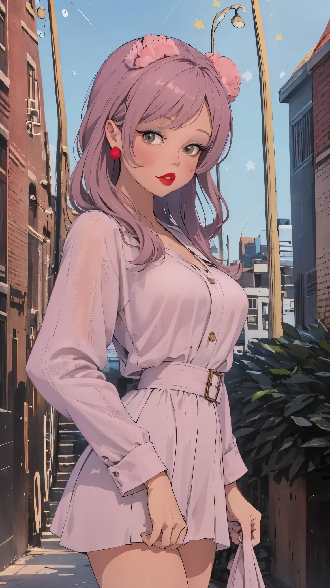 Gorgeous and beautiful young woman, long hair, cute face, wearing grey and pink clothes, bear stamp; city landscape; pastel colors, 8K, detailed 