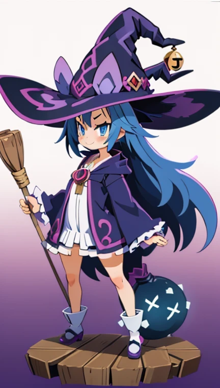 pygmy、(witch:1.5)、 Magical Girl、( bright blue hair、 don't tie your hair、 Very Long Hair )、Light blue eyes、Baby Face、smug face、blush、Big Breasts、valley、hat、 Large Hooded Robe 、Baggy clothes、Long gloves、 stockings、Frills、 knee-high socks、Pointed Toe Shoes 、long wooden cane 