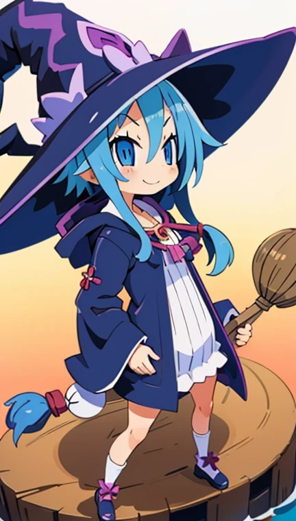 witch magical girl pygmy blue hair(Long Straight) Light blue eyes, baby face, facial expression(Grin) Cat mouth, big breasts, gastroptosis, tight, fat, overweight, robe, pumpkin pants, lively, naughty, bratty, little devil, wand, magic