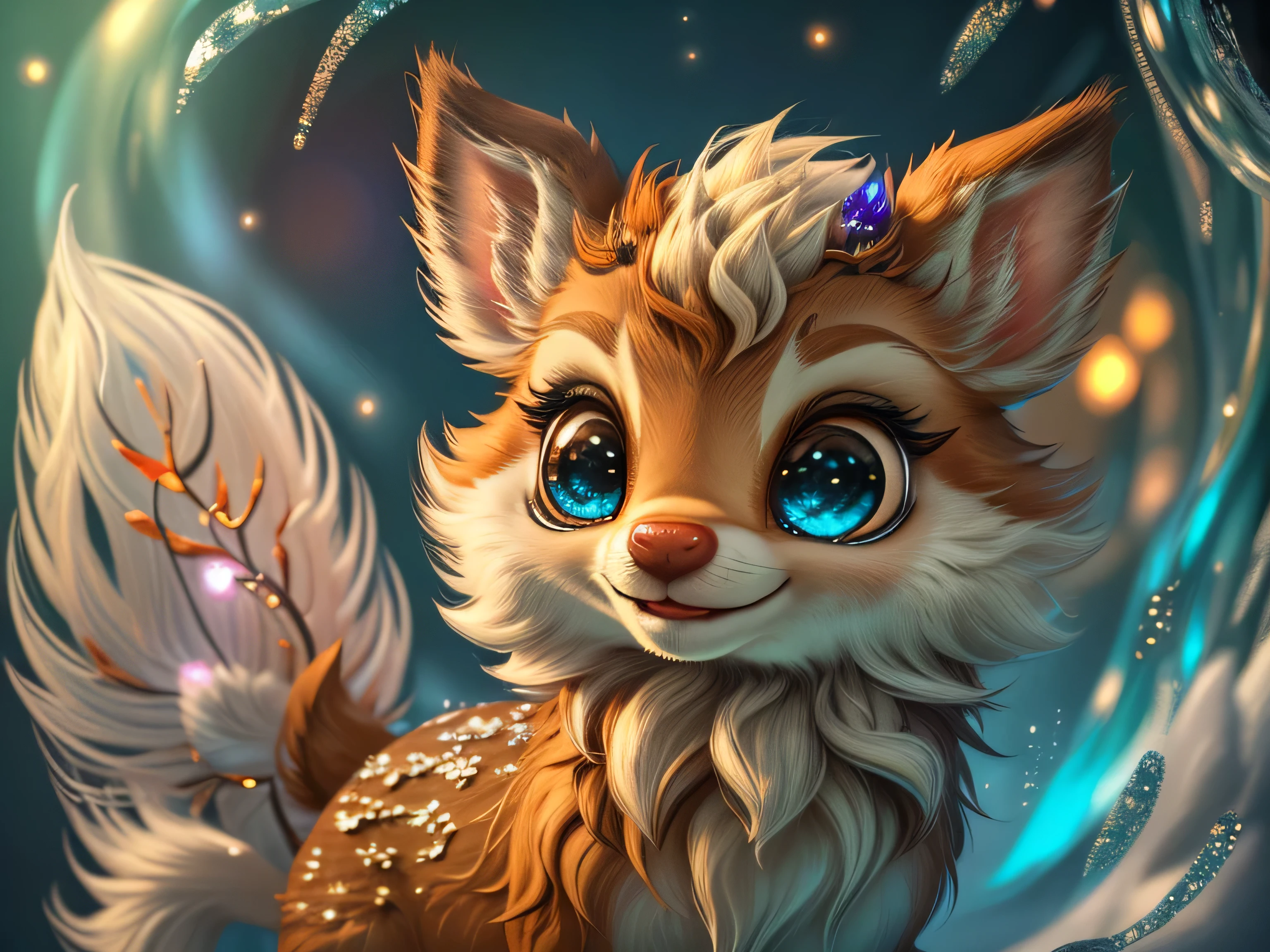 Magical Fantasy Creature, (Best Quality, Masterpiece, Representative Work, Official Art, Professional, Super Detailed, 8k:1.3), (Photorealism:1.2) Super Cute, Big Eyes, Soft, Soft Nose, Fluffy, Double-Toothed Smile, Aurorastyle, Highly detailed Dynamic shot of majestic adorable baby reindeer, high quality, beautiful masterpiece, fantasy creature, kawaii, digital art, glowing sparkles, Realistic, Beautiful, Stars in Eyes, Soft Volumetric Light, (Backlight:1.3), (Cinematic:1.2), Intricate Details, (ArtStation:1.3), --auto --s2