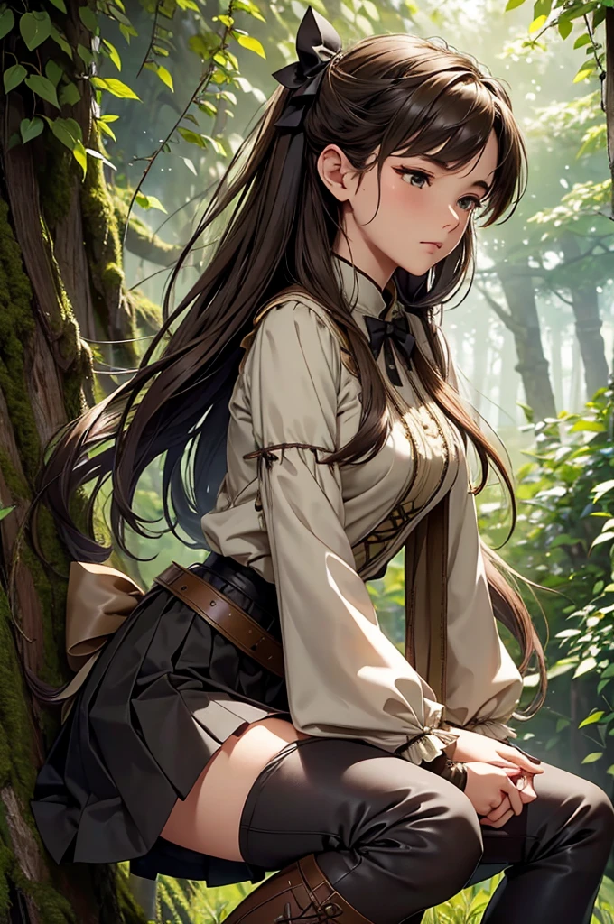 A huntress with light brown hair tied back in a practical yet slightly loose style, framing her determined expression. She wears an olive-green asymmetrical medieval-style skirt, the edges slightly frayed from her journeys, paired with rugged brown knee-high boots, their leather textured with scratches and wear. Her white blouse, simple yet elegant, features subtle embroidery near the collar and sleeves, complementing her short olive-green shawl adorned with intricate patterns woven into the fabric. She dons brown gloves with reinforced stitching, designed for durability in the wild. In her hands, she holds a finely crafted bow, its wooden body polished yet showing signs of frequent use, while a quiver of arrows hangs at her side. The scene captures her poised and ready for battle, set against a lush forest backdrop bathed in soft, dappled sunlight, emphasizing her connection to nature. Ensure detailed textures in the clothing, boots, and bow to create a high-definition and immersive image.




