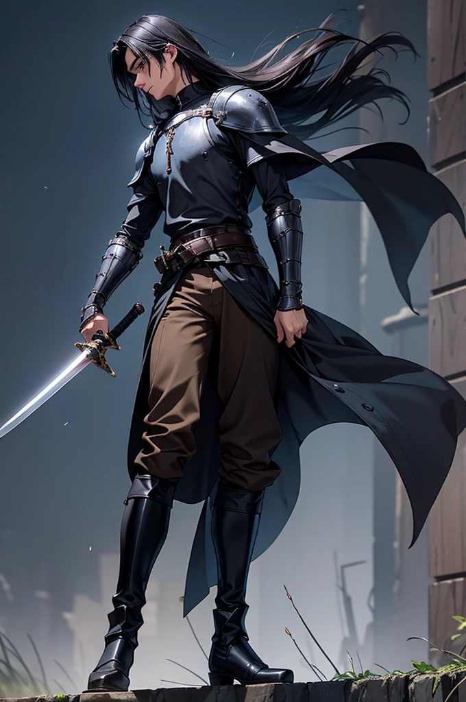 20-year-old young man with shoulder-length black hair and a knightly demeanor. He wears a dark blue shirt paired with brown pants and boots. A sword hangs at his waist, the hilt reflecting his readiness for battle. His posture is confident and composed, embodying the grace and strength of a knight




