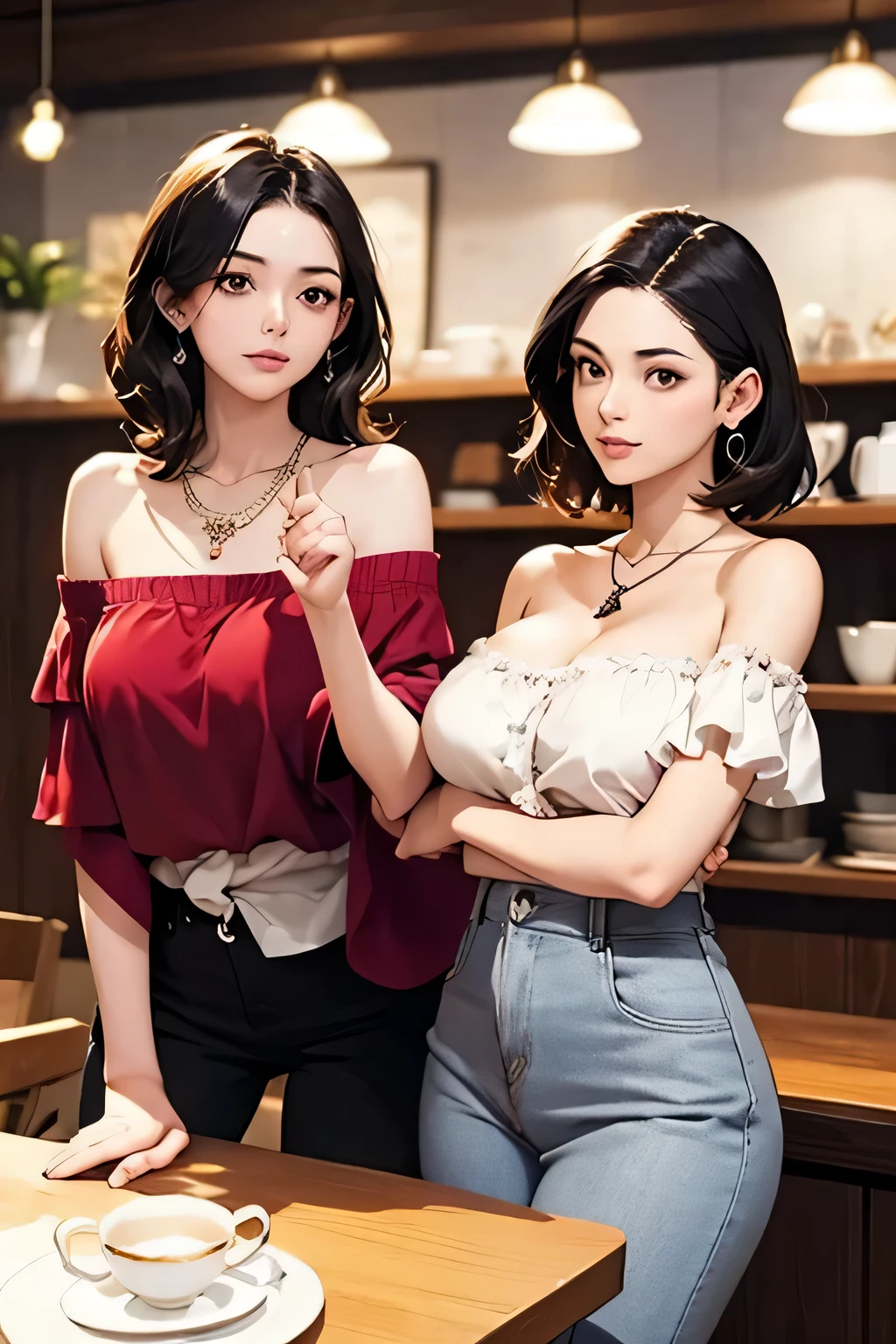 (highest quality、High resolution、detailed background、8K)、Beautiful and dense face、beautiful and smooth skin、skin texture、professional lighting、Beautiful girl in her 20s、(two women:1.5)、brown hair、bob cut、braided ponytail、Glasses、(huge breasts:1.3)、(realistic:1.4)、perfect body line、No bra、plump nipples、warm sunshine、Amusement park date、
sexy atmosphere、Confidence and Charm、Express yourself with confidence、Charm、
Refreshing and feminine style for spring、
Sheer material is transparent and gives a light and feminine impression.、
If you want a sheer top to be the focal point, choose a simple camisole or tank top in a similar color as an inner layer.、
If you want to enjoy sheerness, pair it with an inner layer with lace or embroidery details for a subtle accent.、
For spring, choose sheer tops in pastel or bright colors to bring out the seasonal feel.、
Choose a design with a high neck or ruffles for a more feminine look.、
We also recommend layering with a shirt or blouse made of sheer material as an outer layer.、
Add a simple necklace or earrings for a sophisticated look.、
Choosing accessories in metallic colors will give you a trendy look and add to the spring feel.、
Wear nude sandals for a light look on your feet.、
looking at me with a very happy expression、Have a slight blush、smiling、sexual expression、cute