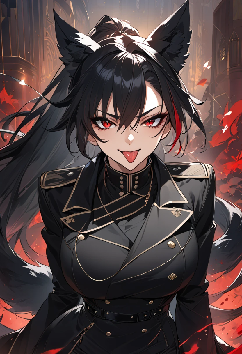 beautiful anime woman wearing a black military trench coat, tight black jeans pants, wolf ears, wolf tail, half wolf and half human, red eye color, black hair in a ponytail, light novel art, detailed anime art, anime, regal, royal, sexy, thicc, beautiful feminine facial features, flirtatious, sultry, slutty, petite, sharp canines, aheago, villain, all black clothing, high quality, very detailed anime art, feminine, slender face, military general vibes, pretty girl, good lighting, close up shot of face, sticking her tongue out expression, lewd, red highlights, lewd smile, cute