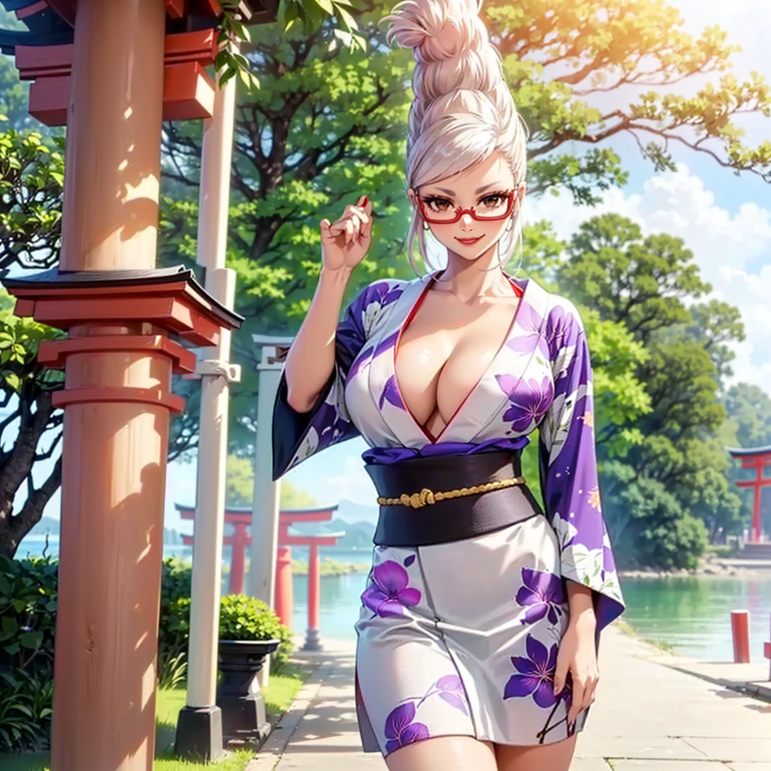 ((shiny eyes, 1girl, milf, standing, sexy pose, (AyaseSeiko, long hair, white hair, exotic hairstyle, hair bun, hair, brown eyes, red glasses), woman)), perfect face, sharp focus, professional artwork, intricate details)), ((fitness,, shapely body, athletic body, toned body)),  ((kimono, Yukata, Japanese garden, Japanese temple, forest, torii, trees, city in the background, red lipstick, clouds, smug smile, printed kimono, jacaranda trees, lake, neckline, cleavage))