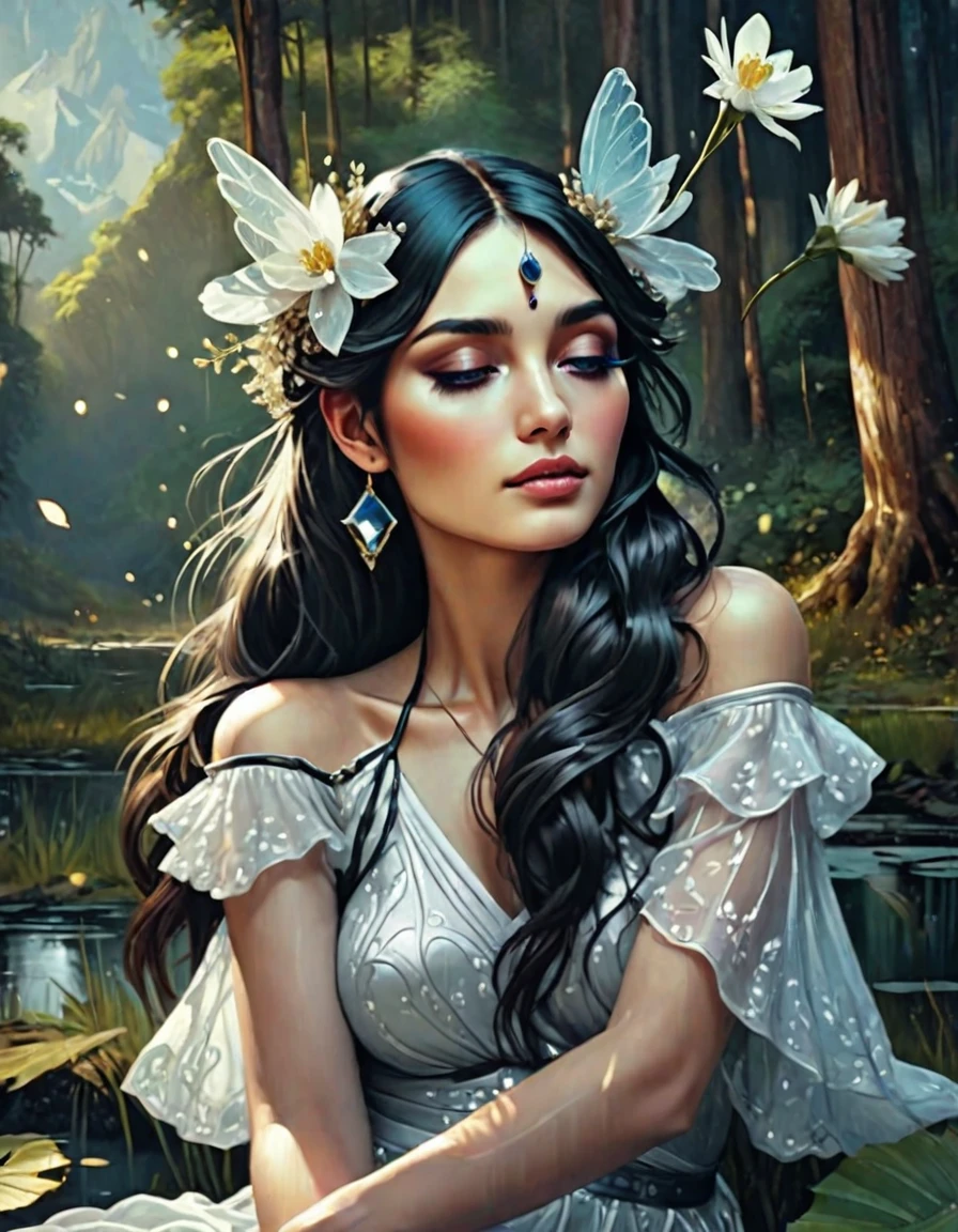 An ultrafine detailed watercolor painting of a gorgeous woman with flowers in her hair, in the style of Alphonse Maria Mucha and Gustav Kilmt, art nouveau accents, fairy princess, anthropomorphic female, female figure, detailed cover artwork, as the goddess of the flowers, Alphonse Mucha, Gustav Klimt, pale bluish skin, a marble sculpture, cgsociety, gothic art, art nouveau, behance contest winner