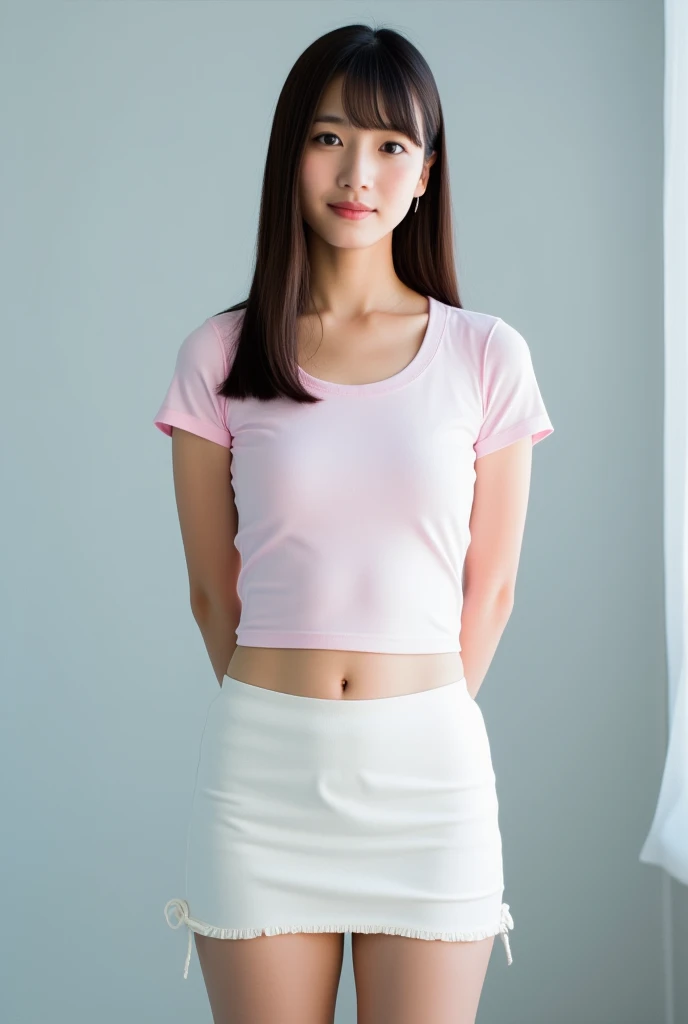 top quality 8k, high resolution, professional photographic, ultra detailed, 15mm film, portrait, highest quality, (19 year old, beautiful Japanese female, REIKA standing legs apart:1.3), beautiful long hair elegant hair blunt bangs:1.4, beautiful nape, big hip best proportion, arms behind back, T-shirts"Ikisugi"(white)[[light-pink]] mini-skirts:1.4), (too huge tits chewing tits hanging down:1.9), (close up thick thigh smooth thigh radiant thigh focus from thigh under angle), too beautiful navel, ((very magnificent sex-room) blue sky, nsfw, too very sweat blushing:1.9), (white-skinned:1.9),