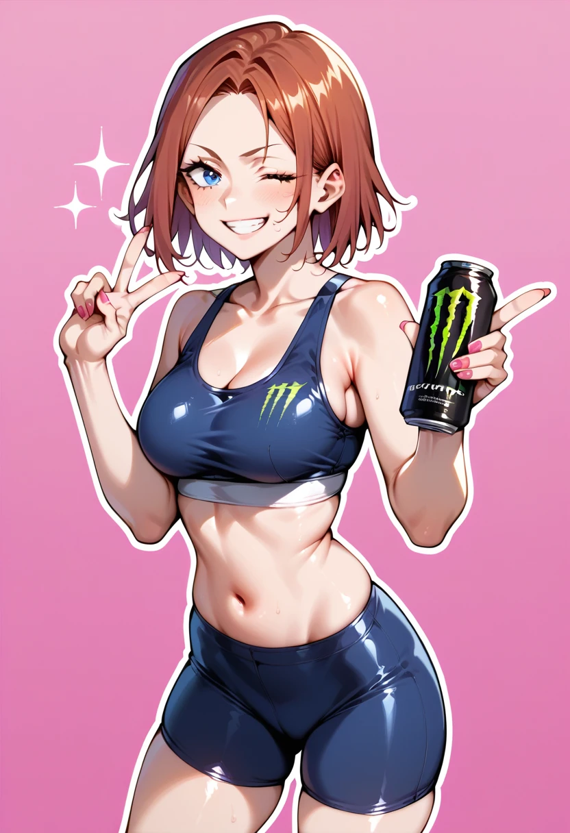 masterpiece, best quality, very aesthetic, absurdres, 1girl, kouzuki kallen, red hair, short hair, blue eyes, smug, one eye closed, wink star, sports bra, bike shorts , v,masterpiece,best quality,amazing quality,simple background, gradient background, pink background, black background, (pink outline:1.3), jujutsu kaisen, boku no hero academia, holding can, monster energy,, 