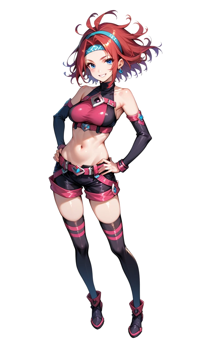 masterpiece, best quality, very aesthetic, absurdres, 1girl, kouzuki kallen, red hair, short hair, blue eyes, flipped hair, headband, resistance outfit, bare shoulders, detached sleeves, midriff, navel, shorts, sleeveless, thighhighs, turtleneck, hands on hips, full body, standing, smile, solo, looking at viewer, (simple background, white background:1.3) 