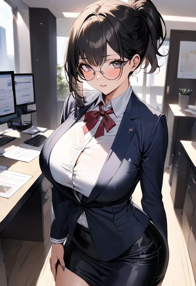 ((   best quality)), (( Masterpiece)), (    Details), (  1 Anime Girl   ),     sexy,   9 with dark hair and big breasts ０CM OL  ,     short ponytail ,    young woman,  OL and round glasses  , (((  woman standing in office  ))) , (   woman in business suit  ),    pencil skirt