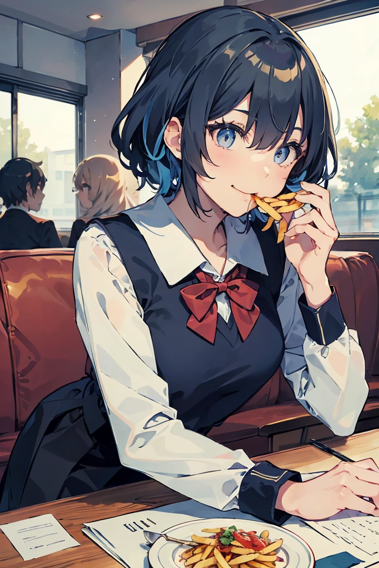 (((beautiful detailed)))(cute face:1.2)1girl, A girl stuffing her face with french fries, Girl laughing while eating a pile of french fries, Inside a 1950s-style diner, 1950s-style interior, Navy blue hair, blue eyes, A short-sleeved white shirt with four vertical bow ties, Ahoge, long bob cut with fluffy hair(sharp lines:1.2)(clear line:1.2)(eye details:1.3)(thick border:1.4) animation cel style,ligne claire, limited palette((masterpiece, high quality, best quality))(low contrast: 0.5),Anna yanami, blue hair, blue eyes, school uniform, makeine, too many losing heroines,Watercolor style, watercolor pencil, paper texture,90s style,Anna yanami, blue hair, blue eyes, school uniform, makeine, too many losing heroines, 
