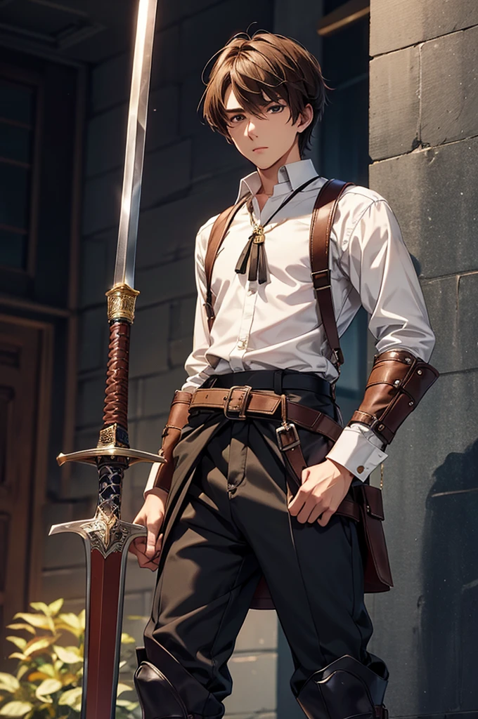 A 20-year-old young man with a noble and knightly demeanor stands confidently. He has brown hair and wears a white shirt, tucked into brown pants. Dark brown boots complete his outfit, and a sword hangs from his waist, the hilt peeking out from his side. His posture exudes discipline and strength, ready for a journey or a battle.
