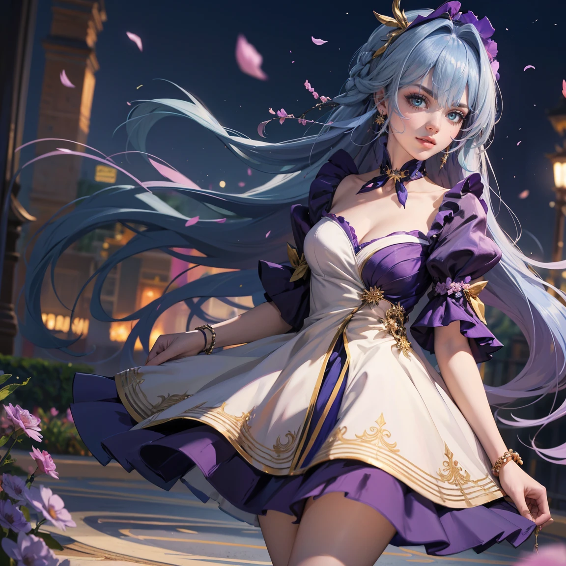 Robin_(Honkai star rail), 1girl, dress, solo, collarbone, long flowing hair, blue hair, floating hair, ornament hair, perfectly body, gold jewelry, jewelry, maid, maid dress, perfectly hands, on garden, petals, white roses, centered girl, maid, maid dress, purple dress, maid apron, white apron, maid headdress, short skirt, more details on her clothes, stomach, dress with transparency, golden details, night, smiling, firefly, sparkling, Best quality, cleavage, small skirt, full Body