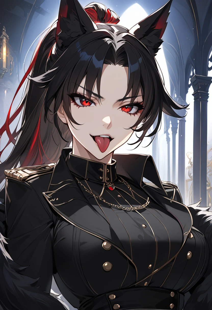 beautiful anime woman wearing a black military trench coat, tight black jeans pants, wolf ears, wolf tail, half wolf and half human, red eye color, black hair in a ponytail, light novel art, detailed anime art, anime, regal, royal, sexy, thicc, beautiful feminine facial features, flirtatious, sultry, slutty, petite, sharp canines, aheago, villain, all black clothing, high quality, very detailed anime art, feminine, slender face, military general vibes, pretty girl, good lighting, close up shot of face, sticking her tongue out expression, lewd, red highlights, lewd smile, cute