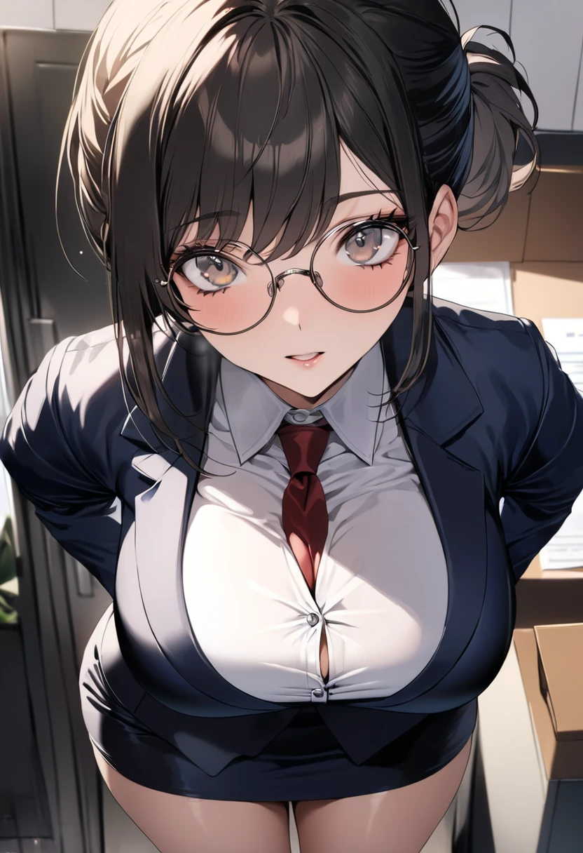 ((   best quality)), (( Masterpiece)), (    Details), (  1 Anime Girl   ),   sexy,   9 with dark hair and big breasts ０CM OL  ,  Big droopy eyes,  short ponytail ,    young woman,  OL and round glasses  , (((  woman standing in office  ))) , (   woman in business suit  ),    pencil skirt