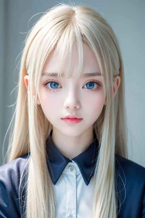 Beautiful blonde cute girl 15 years old、Sexy and very beautiful cute face、Big, bright blue eyes that sparkle beautifully、Very long, dazzling, beautiful, blonde, silky, shiny hair、Super long straight silky hair、Bangs between the eyes、Bangs that hang down in the face、uniform、Small Face Beauty、Glowing Skin、Cheek highlighter、White skin、Radiant Skin、Round face