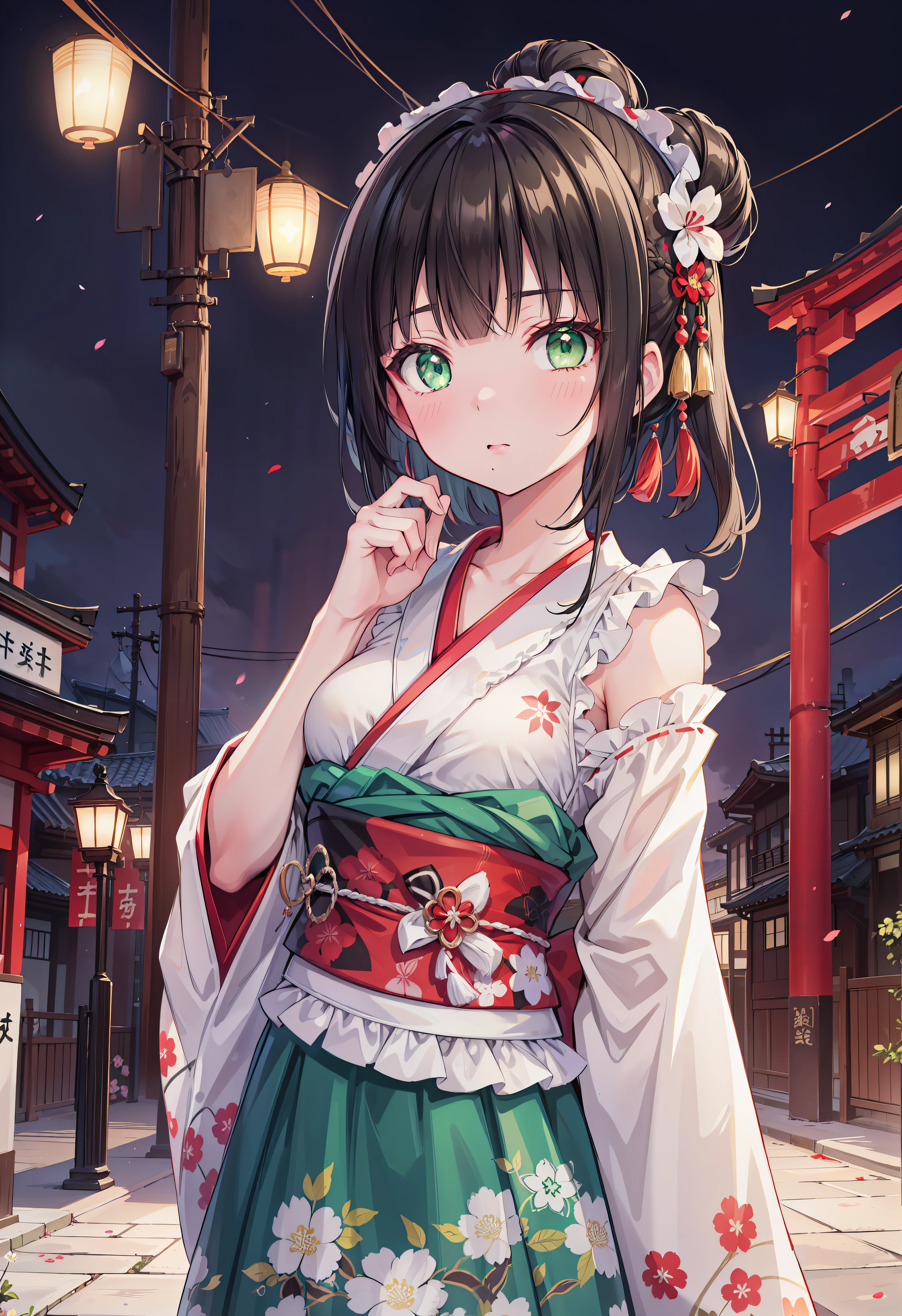 Dear Kurosawa, Kurosawa Diamond,  black hair, (Green Eyes:1.5),  Short Bang ,  gray skirt in the middle of the city,  hair ornament,  hair clips, mole, mole under mouth, ( small breasts:1.2), break collarbone, Floral background, Floral print, Ruffle sleeves, frills, Hair Bun,  hair ornament,  hair stick, Hair Tube,  Headpiece, Japanese clothing, kimono, My Dance Tonight, heart, sash, sidelocks, single Hair Bun, break looking at viewer, break city, break (  Masterpiece :1.2),  best quality,  high definition ,  Unity 8K Wallpaper, (Illustration:0.8), ( beautiful detailed eyes :1.6),  Highly Detailed Face ,  perfect lighting,  Highly Detailed CG, (  perfect hand,  perfect anatomy  ),