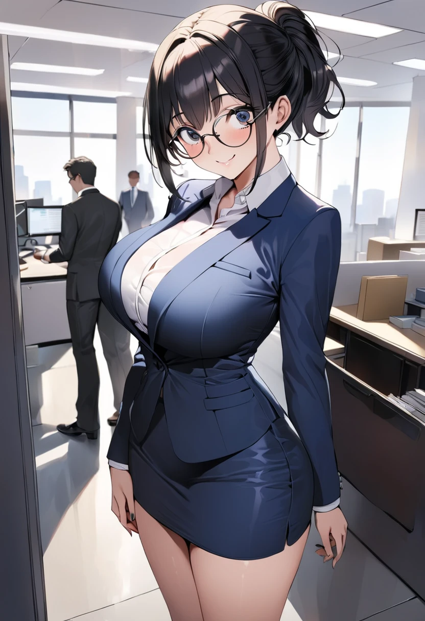 ((   best quality)), (( Masterpiece)), (    Details), (  1 Anime Girl   ),   sexy,   9 with dark hair and big breasts ０CM OL  , (((Big droopy eyes))),  short ponytail ,    young woman,  OL and round glasses  , (((  woman standing in office  ))) , (   woman in business suit  ),    pencil skirt, smile