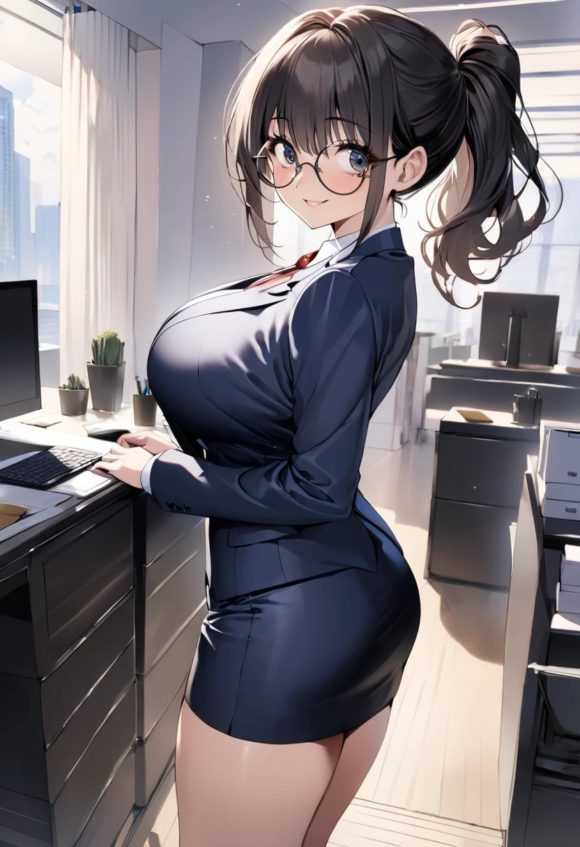 ((   best quality)), (( Masterpiece)), (    Details), (  1 Anime Girl   ),   sexy,   9 with dark hair and big breasts ０CM OL  , (((Big droopy eyes))),  short ponytail ,    young woman,  OL and round glasses  , (((  woman standing in office  ))) , (   woman in business suit  ),    pencil skirt, smile