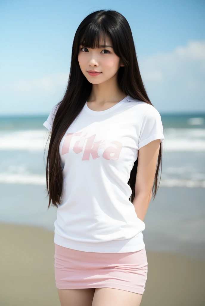 top quality 8k, high resolution, professional photographic, ultra detailed, 15mm film, portrait, (19 year old, beautiful Japanese female, REIKA standing legs parted:1.3), beautiful long hair elegant hair blunt bangs:1.4, beautiful nape, big hip best proportion, arms behind back, T-shirts "Ikisugi" (white)[[light-pink]] micro short skirt:1.4), (too huge tits chewing tits hanging down:1.9), (close up thick thigh smooth thigh radiant thigh focus from thigh under angle), too beautiful navel, ((very magnificent sex-room) blue sky, nsfw, too very sweat blushing:1.9), (white-skinned:1.9), wet skinned,