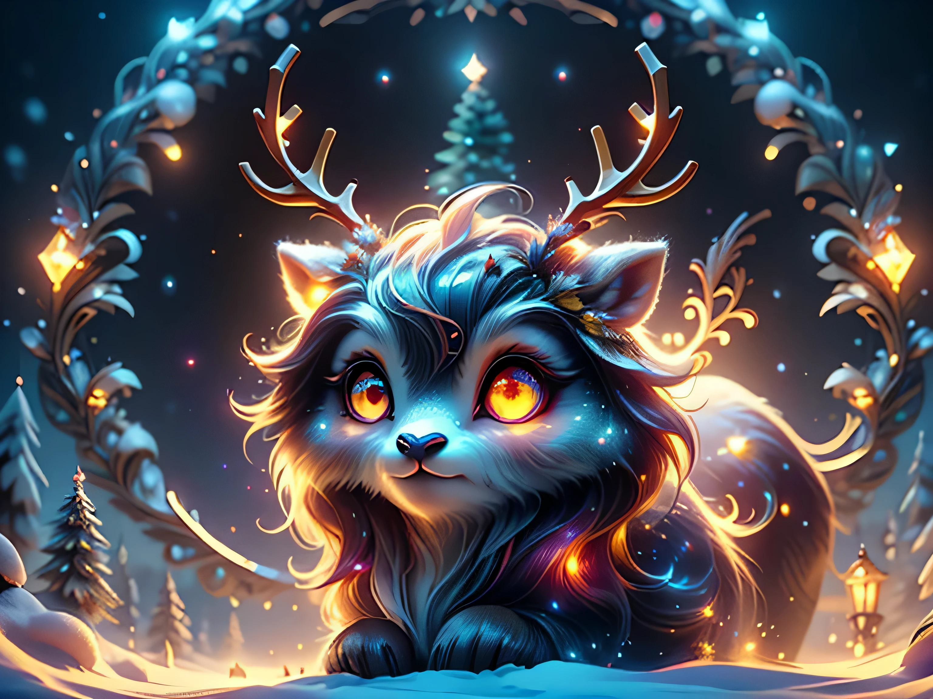 masterpiece, best quality, 4K, 8K, ultra detailed background, delicate pattern, complex detailed background, studio lighting, colorful back light, depth of field, fantastic, sky, star, AuroraStyle, (cute, kawaii:1.4), (wide angle view:1.4), full shot, golden skin,
(mythical beast of reindeer appearance:1.4), view from a 45-degree angle, (face to camera, looking at camera:1.4),   
(glowing eyes, shine eyes:1.4), (yellow eyes, big and round eyes:1.3),(robust reindeer:1.3), glowing reindeer, stylish pose, cinematic angle, Jewelry, necklace, long reindeer antlers, (hairy, extremely long hair:1.3), at cliff edge, 
Christmas tree,Christmas decoration, snow, snowing, SnowStyle, SugarCookieStyle, cool movement, beautiful detailed glow,dynamic composition, yellow back light