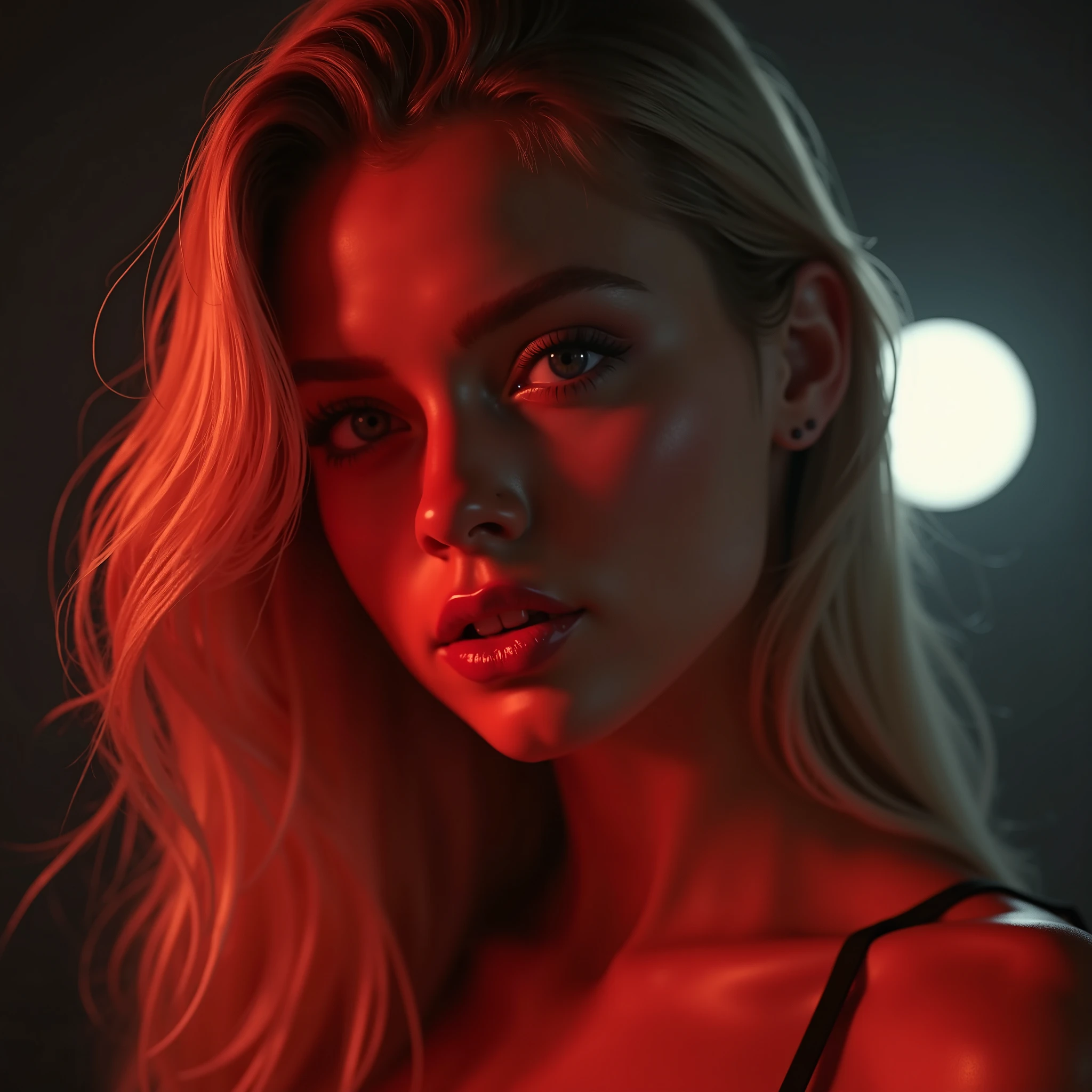 (8k, masterpiece:1.4,best quality,extremely detail, Silhouette:1.45),, , //Character, Attractiveyoung influencer, 24, blond, blue eyes and full lips, realistic, high-quality capture, Nikon D850, nikkor 70-200mm f/2.8E lens, ISO 64, f/3.5, 1/1500s, profile pic, Onlyfans, Sexy Pose, above, Dark room with red LED background,