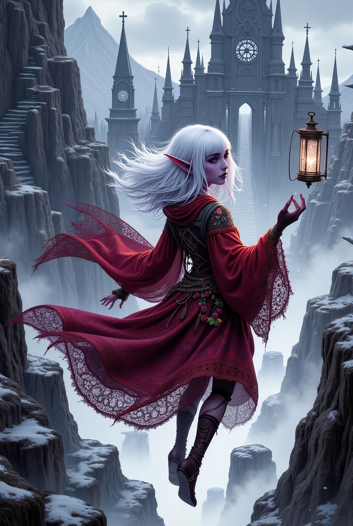 (Ultra-detailed face, Looking away, Fantasy Illustration with Gothic, Dark tone colors, Viewpoint from above looking down on the ground.), BREAK 
(A female dark elf astrologer magically floats in the air near the very tall spire of a very tall altar in a strong wind and falling snow, surrounded by a thick fog. Her hair, face, and clothes are all blown by the strong wind, and with her back to the ground, she holds a small magical lantern in her hand, looking down at the ground from above with bold poses and large hand movements. The uninhabited ancient ruins look like a giant puzzle, a maze of spires built like forest trees around a palace and staircases that reach high into the sky and undulate like snakes. It is dark and silent, with no sign of life.), BREAK 
(The young female dark elf astrologer has white hair, white eyebrows, blunt bangs, waist-length long, messy, wavy hair, small pink lips, dark purple skin, and thick eyeliner.), BREAK 
(The dark elf astrologer wears a fiery red lacy cape with a simple orange ribbon tie. She wears a tight velour lace-up dress of jet-black fabric printed with a pattern of small crimson roses. Around her waist she wears a pareo with colorful beads woven into it. She wears moccasins with fur embellishments.), BREAK 
(This is the remains of an old, huge city, locked away by glaciers and snow. Spiral staircases and spear-like spires stand in the air, with gardens and clock towers floating in the sky. There is no sign of life.)