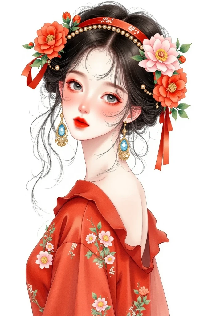 watercolor：Beautiful girl portrait ，red hanfu，clothing。 flowers cover your eyes，  messy hair ，flowing headband