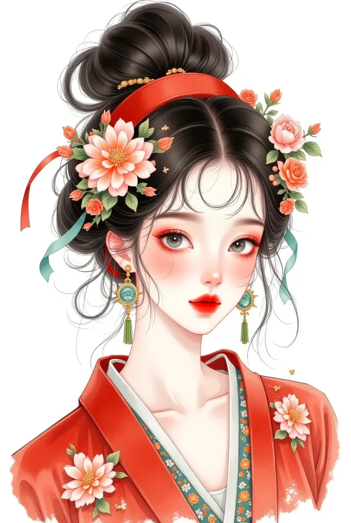 watercolor：Beautiful girl portrait ，red hanfu，clothing。 flowers cover your eyes，  messy hair ，flowing headband