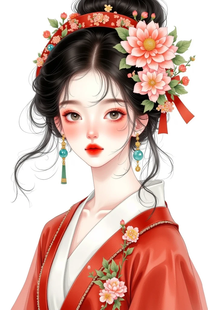 watercolor：Beautiful girl portrait ，red hanfu，clothing。 flowers cover your eyes，  messy hair ，flowing headband