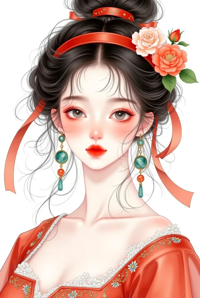 watercolor：Beautiful girl portrait ，red hanfu，clothing。 flowers cover your eyes，  messy hair ，flowing headband