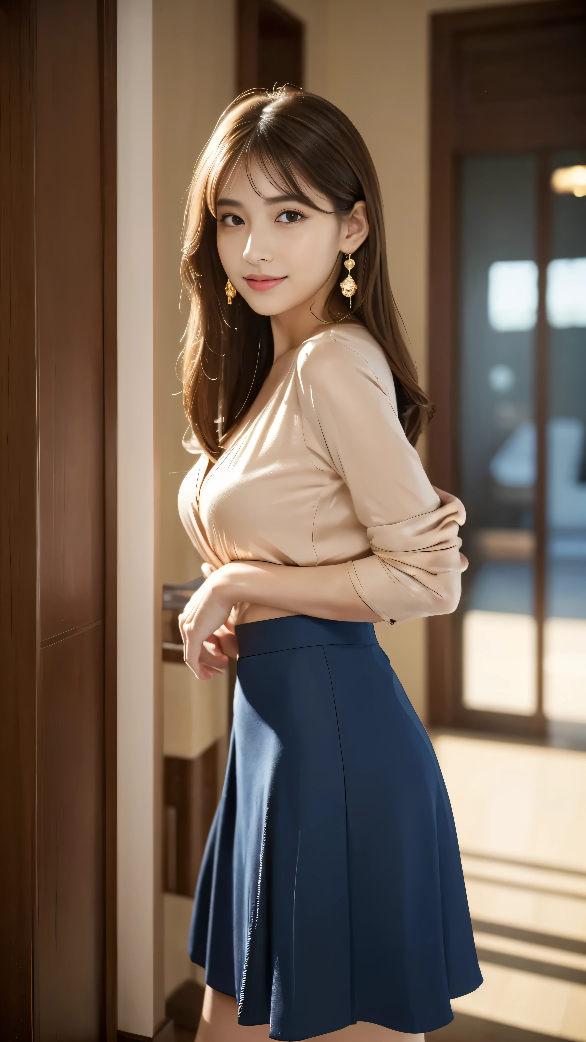16k,  best image quality,  highest resolution,  best quality,  surrealism, masterpiece,  High Details , Textured skin - Multiple awards, RAW, f/1.2, Nikon, Fujifilm,  movie light effect, Like a scene from a movie, (Woman standing in a bright room ),  wearing a dark blue blazer:1.5,  is wearing a blouse:1.5, I'm wearing a long flared skirt:1.5, (I'm dressed correctly ), 1 person, Beauty,  Small face,  Precise and beautiful double eyelids,  Seductive Smile ,  attractive lips ,  smaller breasts,  well-balanced proportions ,  model body type,  Anatomically Correct Body ,  light brown hair, Cross bangs, Straight Hair,  shiny hair, Delicate hair,  earrings for a woman alone, Beautiful legs,  seen from the front,  Full Body Portrait from Head to Toe , Look straight at the camera

