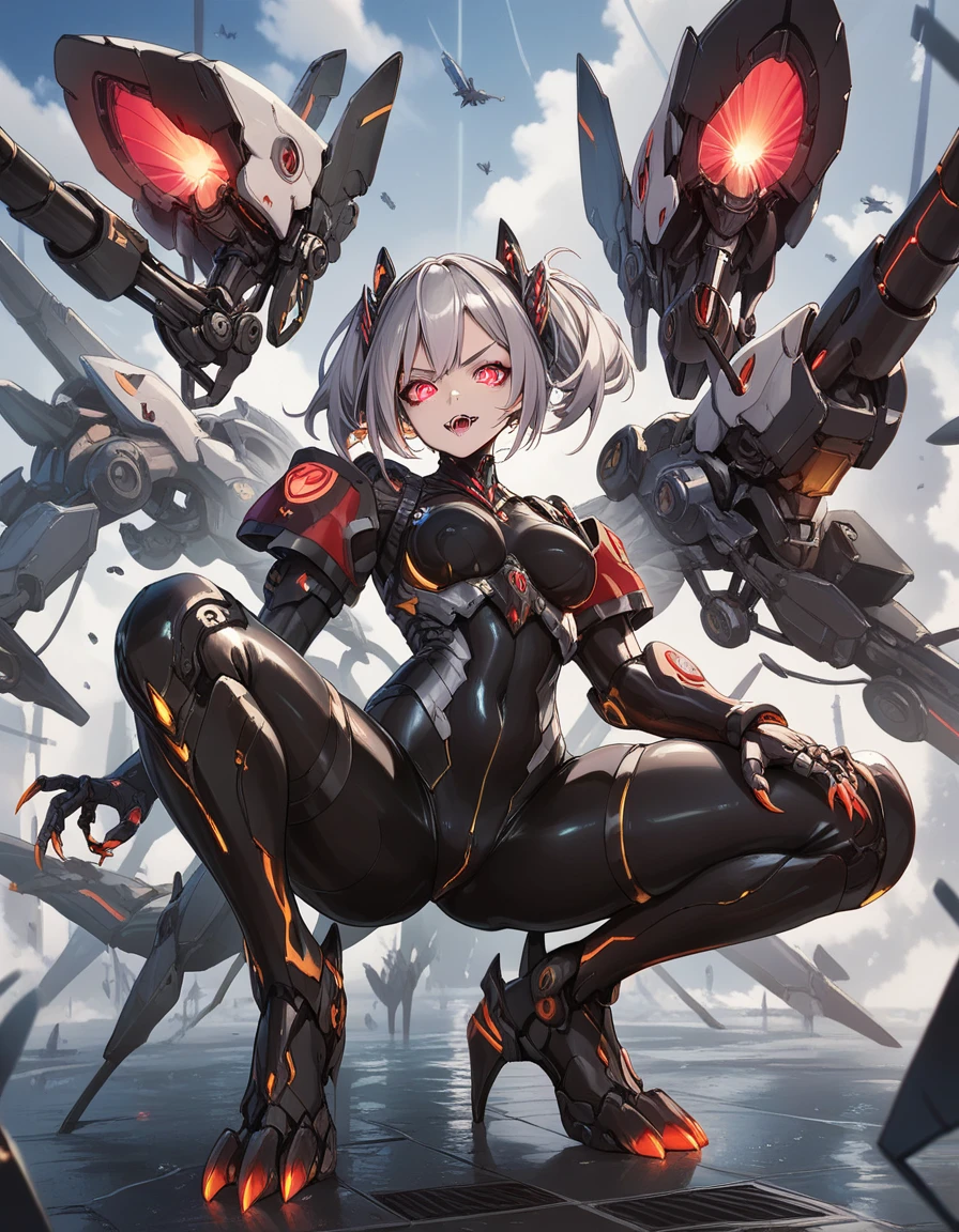 Mechanical Weapon Girl. Full body bodysuit. Latex. Cyber wind. Light armor. Grey hair. Glowing red eyes. Glowing core. A mechanical Kaijyu in the background. large sharp claws; Mechanical Fang. Red and black machine. Battleship. Sit down. Arms crossed. A swarm of mechanical insects.