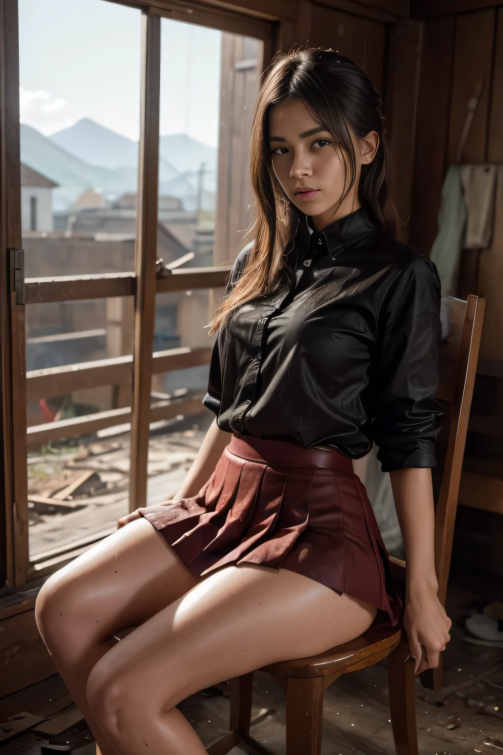 Arti future anime. Birds eye view, dirty woman sitting on chair in dilapidated house, wet messy hair over eyes, detailed bodycon shirt and pleated skirt. vixip, close-up landscape, hurt. Hand drawing, cinematic lighting, highly detailed. White, brown, red. Perfect composition, masterpiece, best quality, 4k, sharp focus. perfect anatomy.