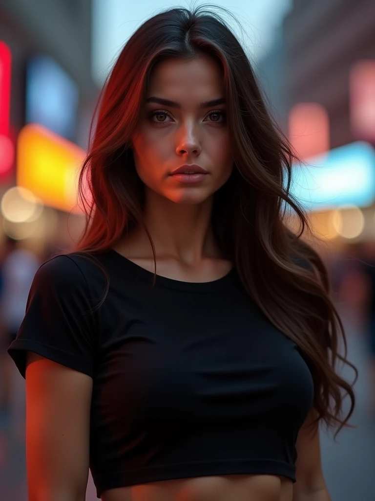 moody unearthly photo a photo of a young angry woman (isidora_v2:0.95), cropped top, textured skin, goosebumps, standing on the street, perfect eyes, (atmospheric lighting), sideways, clear focus on the object, looking into the camera
