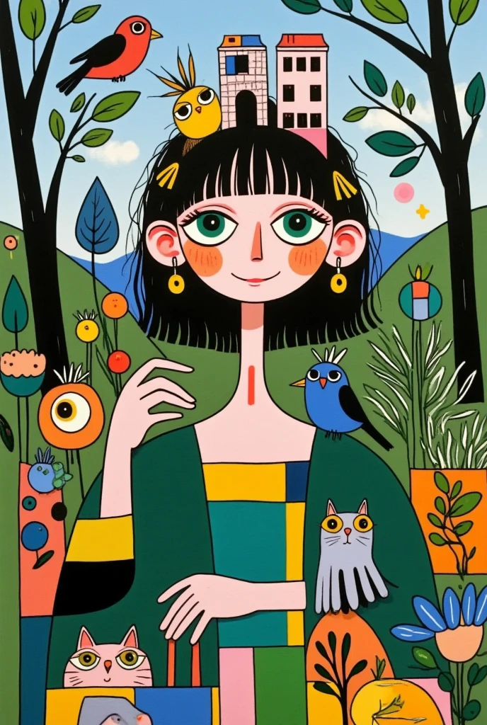   A beautiful girl with green eyes  ，  Wearing a delicate headband  ，  Her hair is decorated with natural elements and the house  ， Carrying a house on her back  ， Wearing a house on her head  ，  The background is dense trees and rolling hills。 hand drawn illustration style，  cute cartoon design  ，Green Palette，  Birds are flying on her face  ，  The swallow rests on his shoulder  ，  by Hsiao Ron Cheng  
