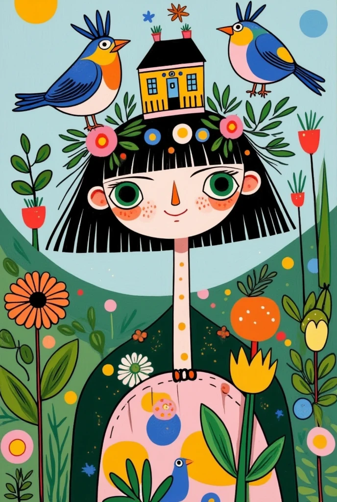   A beautiful girl with green eyes  ，  Wearing a delicate headband  ，  Her hair is decorated with natural elements and the house  ， Carrying a house on her back  ， Wearing a house on her head  ，  The background is dense trees and rolling hills。 hand drawn illustration style，  cute cartoon design  ，Green Palette，  Birds are flying on her face  ，  The swallow rests on his shoulder  ，  by Hsiao Ron Cheng  
