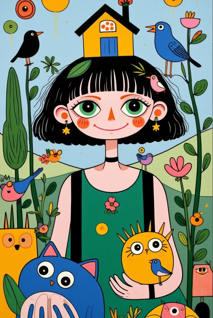   A beautiful girl with green eyes  ，  Wearing a delicate headband  ，  Her hair is decorated with natural elements and the house  ， Carrying a house on her back  ， Wearing a house on her head  ，  The background is dense trees and rolling hills。 hand drawn illustration style，  cute cartoon design  ，Green Palette，  Birds are flying on her face  ，  The swallow rests on his shoulder  ，  by Hsiao Ron Cheng  
