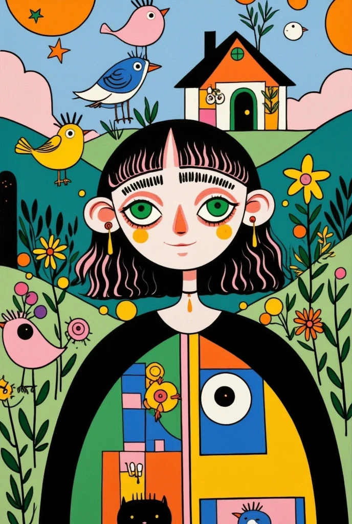   A beautiful girl with green eyes  ，  Wearing a delicate headband  ，  Her hair is decorated with natural elements and the house  ， Carrying a house on her back  ， Wearing a house on her head  ，  The background is dense trees and rolling hills。 hand drawn illustration style，  cute cartoon design  ，Green Palette，  Birds are flying on her face  ，  The swallow rests on his shoulder  ，  by Hsiao Ron Cheng  
