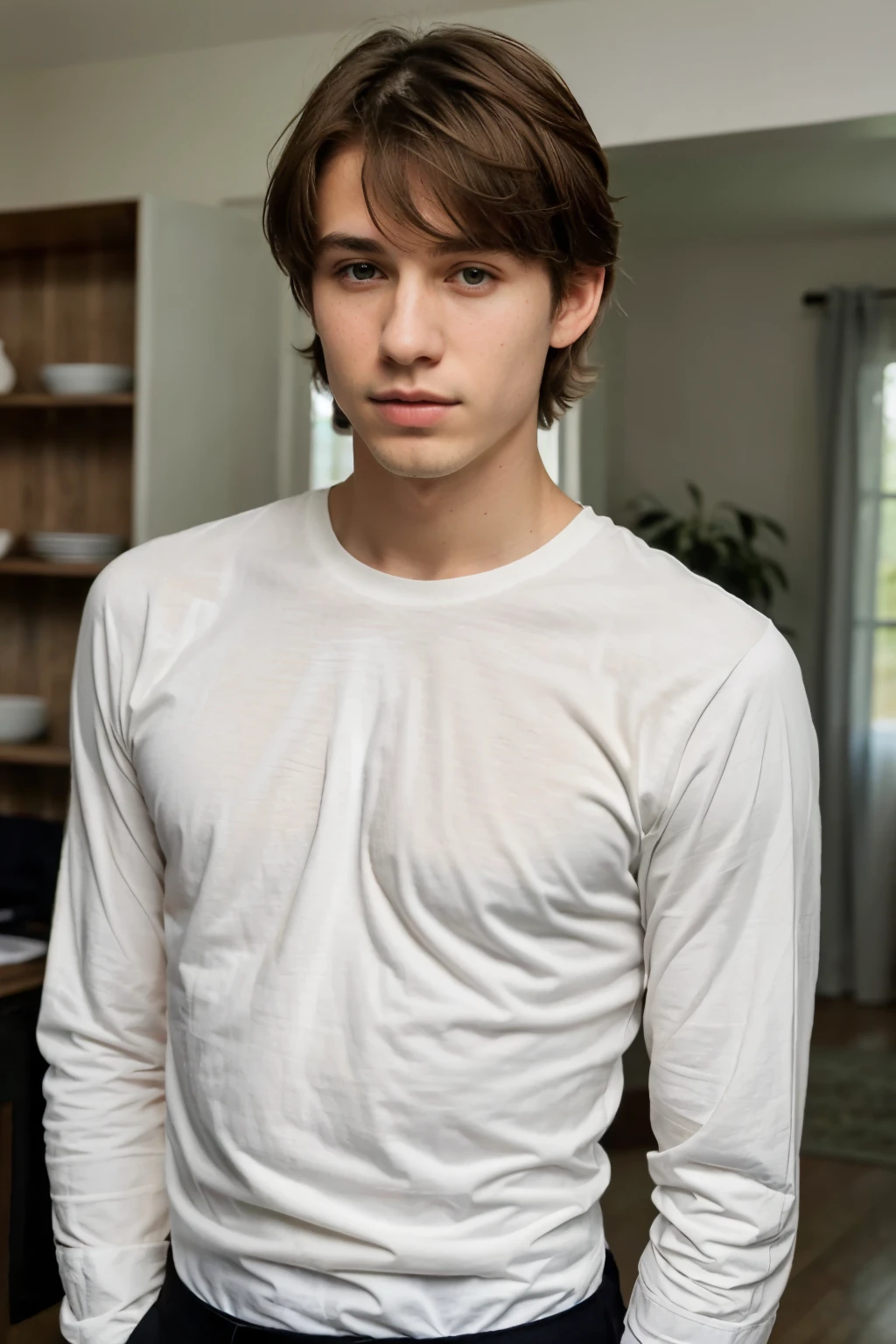 Cute boy of 16 with big hair but not much, Color Brown,brown skin, elf ears,reddish brown eyes ,with black clothes, has a chest and a six-pack, It has an older face ,wears black realistic short-sleeved blouse ----4 