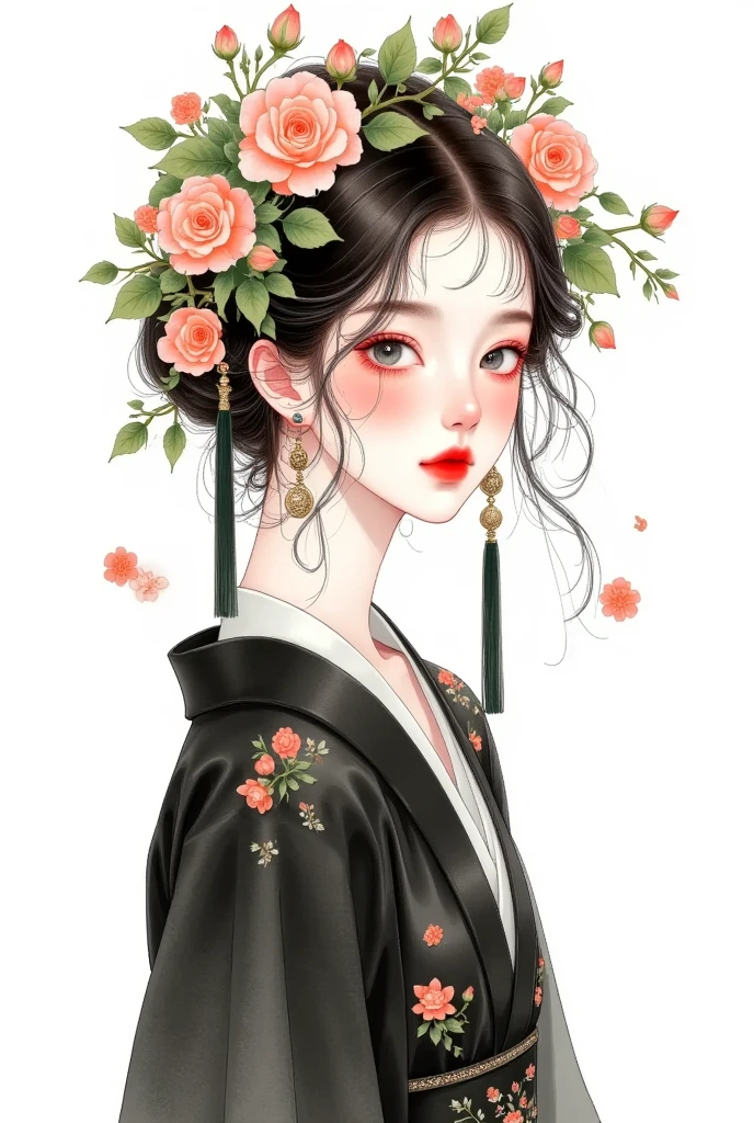 watercolor：Beautiful girl portrait ，black hanfu，clothing。 flowers cover your eyes，  messy hair ，flowing headband