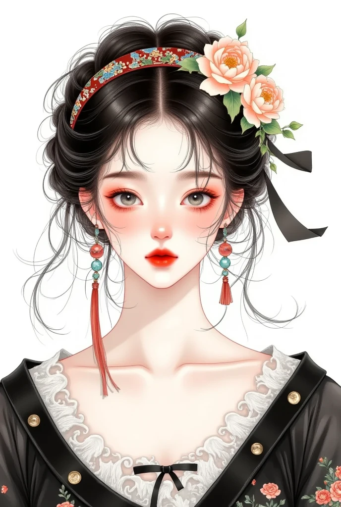 watercolor：Beautiful girl portrait ，black hanfu，clothing。 flowers cover your eyes，  messy hair ，flowing headband