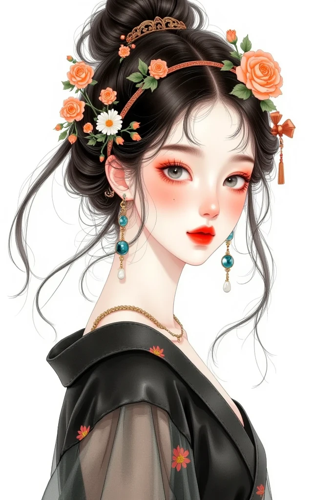 watercolor：Beautiful girl portrait ，black hanfu，clothing。 flowers cover your eyes，  messy hair ，flowing headband