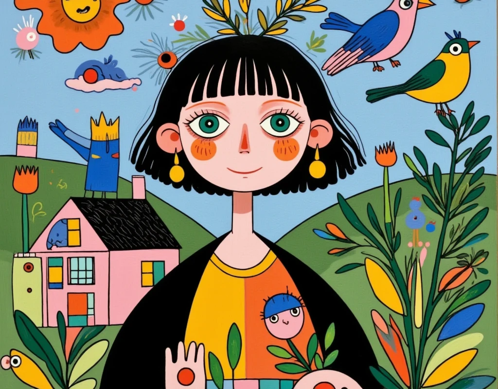   A beautiful girl with green eyes  ，  Wearing a delicate headband  ，  Her hair is decorated with natural elements and the house  ， Carrying a house on her back  ， Wearing a house on her head  ，  The background is dense trees and rolling hills。 hand drawn illustration style，  cute cartoon design  ，Green Palette，  Birds are flying on her face  ，  The swallow rests on his shoulder  ，  by Hsiao Ron Cheng  
