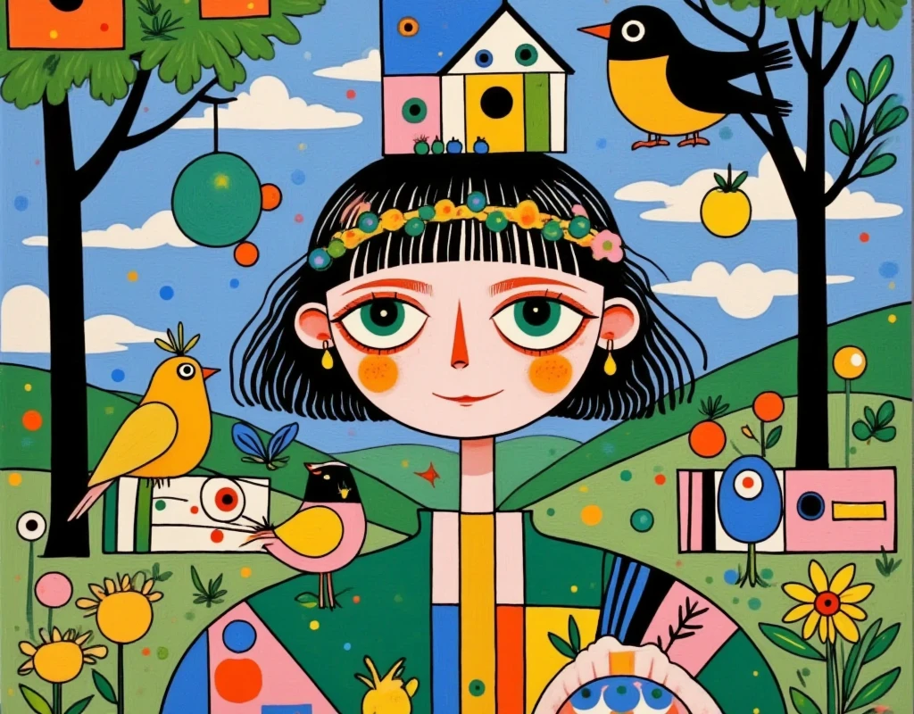   A beautiful girl with green eyes  ，  Wearing a delicate headband  ，  Her hair is decorated with natural elements and the house  ， Carrying a house on her back  ， Wearing a house on her head  ，  The background is dense trees and rolling hills。 hand drawn illustration style，  cute cartoon design  ，Green Palette，  Birds are flying on her face  ，  The swallow rests on his shoulder  ，  by Hsiao Ron Cheng  
