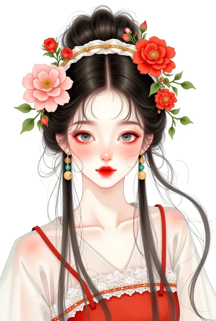 watercolor：Beautiful girl portrait ，red hanfu，clothing。 flowers cover your eyes，  messy hair ，flowing headband